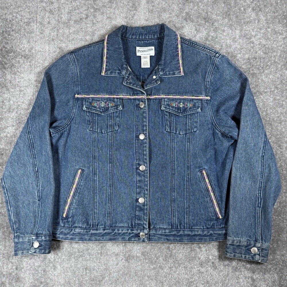 Pendleton Jacket Women's Large Blue Denim Beaded Embellished Aztec Western